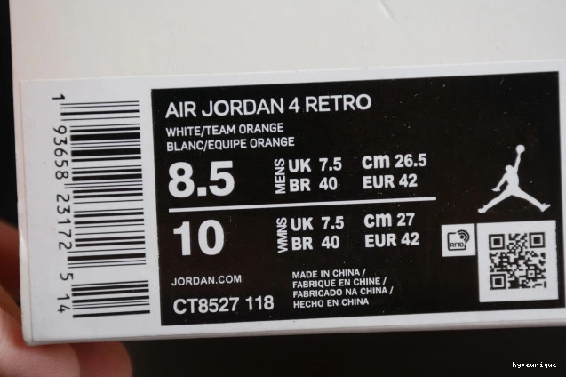 HYPE Jordan 4 Air Team OrangeCT8527-118 0824